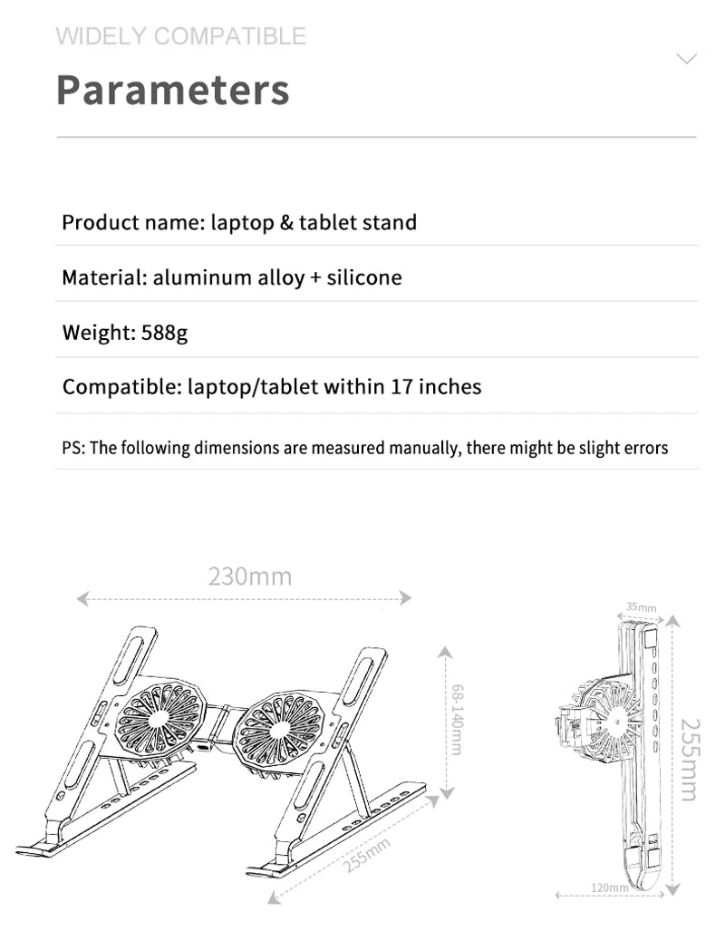 Laptop Stand - Aluminum Metal With LED Light & Cooling Fans